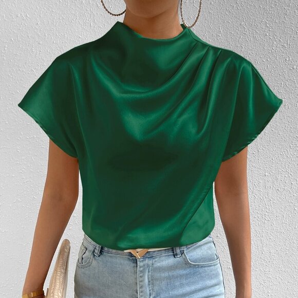 Green Party Women's Mock Neck Batwing Sleeve Satin Blouse - Picture 3 of 6
